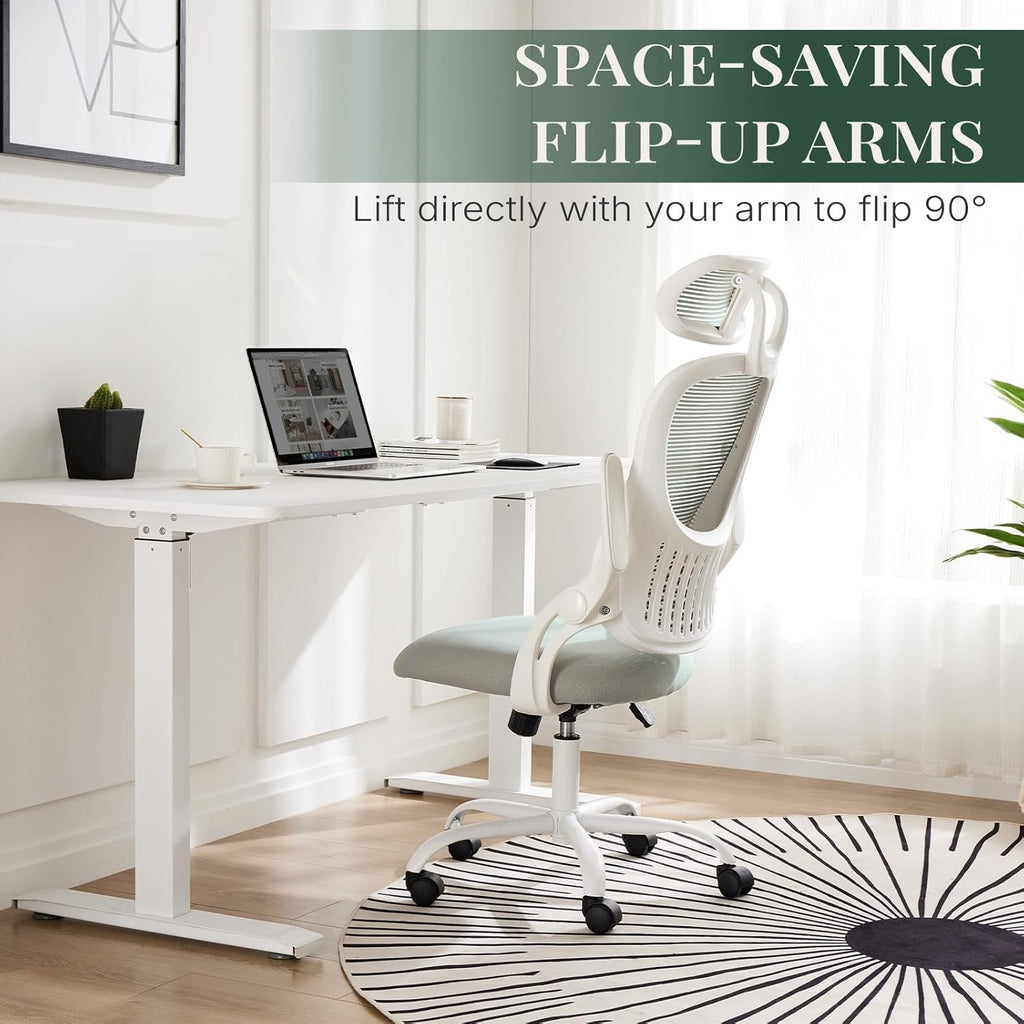 Ergonomic Office Chair, Comfy Desk Chair with Wheels, Adjustable Headrests, Flip-Up Armrests, Breathable Mesh High-Back, Comfortable Swivel Seating for Home Computer, Grey