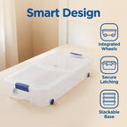 66 Quart Underbed Storage with Wheels, Clear Plastic Storage Container, with Latch Lid, for Bedroom, Closet, Garage, Blue