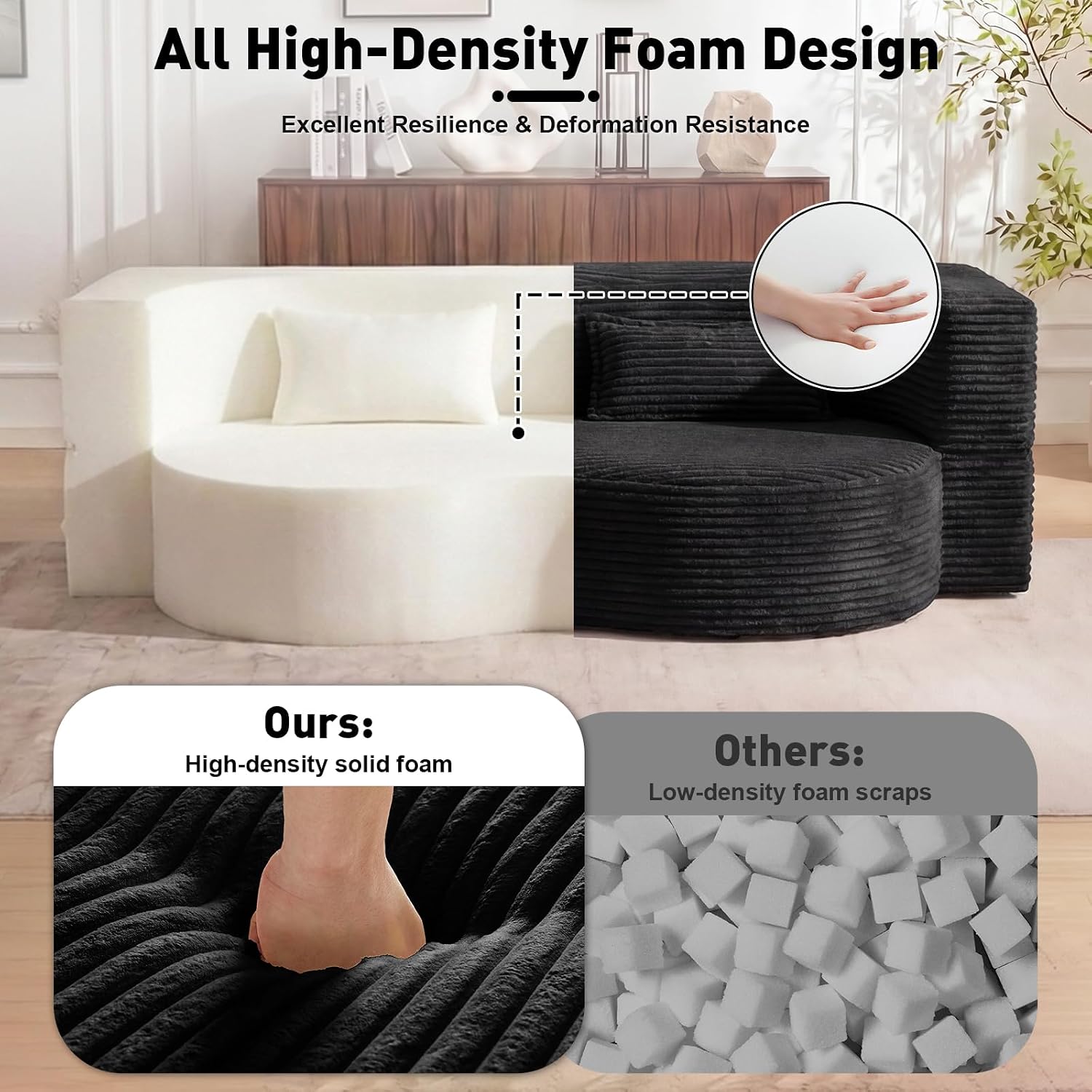 78" Full Size Convertible Futon Sofa Bed, Corduroy Folding Sleeper Sofa Bed with 2 Pillow, Foam Mattress Boneless Couch Bed, No Assembly Loveseat Couches for Living Room Apartment, Space‑Saving, Black