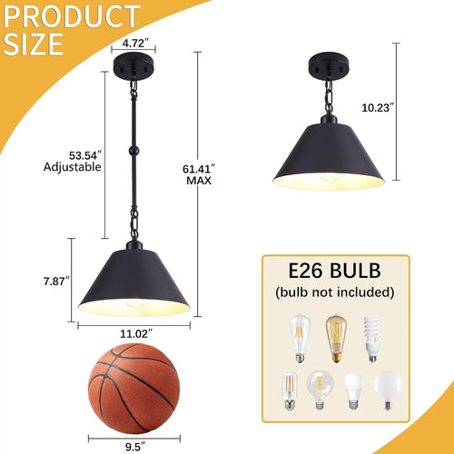11 Inch Black Pendant Lights Kitchen Island, Modern Farmhouse Light Fixtures with Cone Shade, Adjustable Vintage Industrial Pendant Light for Foyer Hallway Bedroom Dining Room Bar Barn