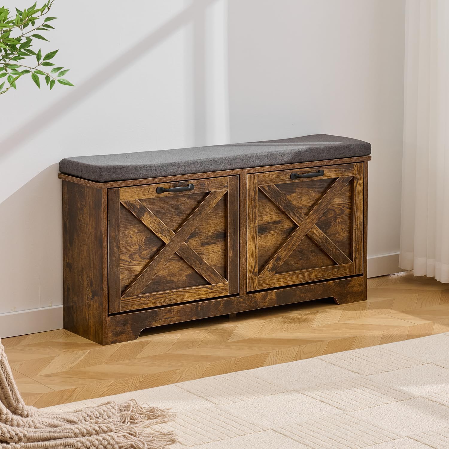 Brown Shoe Storage Bench with 2 Flip Drawers, Entryway Bench with Removable Seat Cushion, 2-Tier Shoe Cabinet for Entryway, Hallway, Bedroom