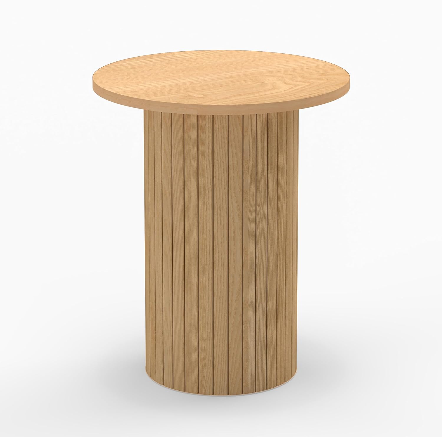 Small Round Side Table, Fluted Drum Pedestal End Table, Wood Plant Stand for Small Spaces, Modern Home, Bedroom, and Living Room Desk Furniture, Nature