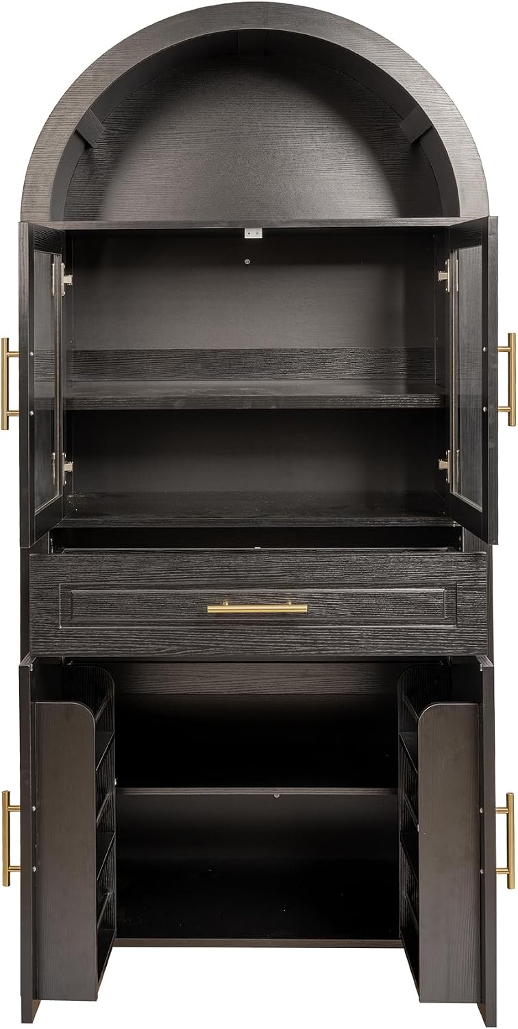 CIATRE 71" Tall Farmhouse Pantry Cabinet with Glass Barn Door, Arched Kitchen Storage Cabinet with Adjustable Shelves & Door Rack, Freestanding Cupboard for Kitchen, Dining Room, Entryway (Black)