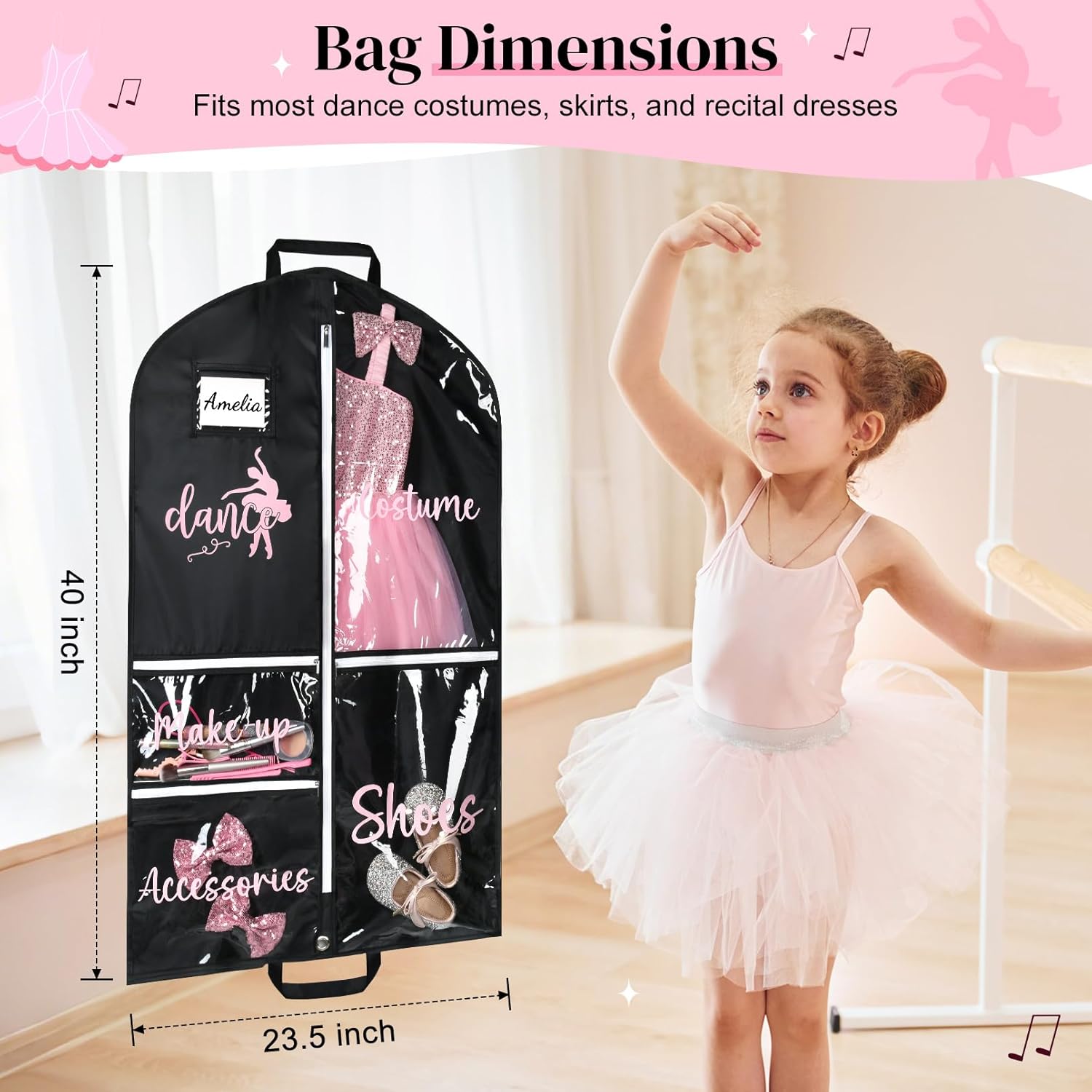 DEEKA 2 Pack Dance Garment Bag for Hanging Clothes with Zipper Pockets Dance Accessories Essentials Uniform Costume 40 Inch Dress Bags for Dance Competition Girls (Black,Pink)