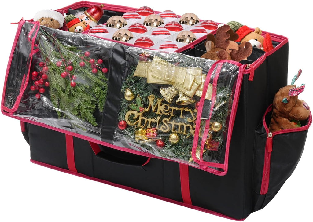 2-in-1 Christmas Ornament Storage Box & Xmas Figurine Container with Dual Zipper Closure Adjustable Dividers and Removable Trays Premium Christmas Ornament Storage Containerd(Black)