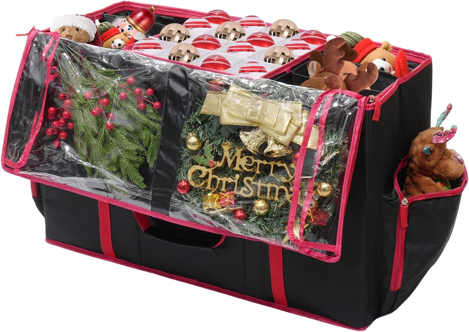 2-in-1 Christmas Ornament Storage Box & Xmas Figurine Container with Dual Zipper Closure Adjustable Dividers and Removable Trays Premium Christmas Ornament Storage Containerd(Black)