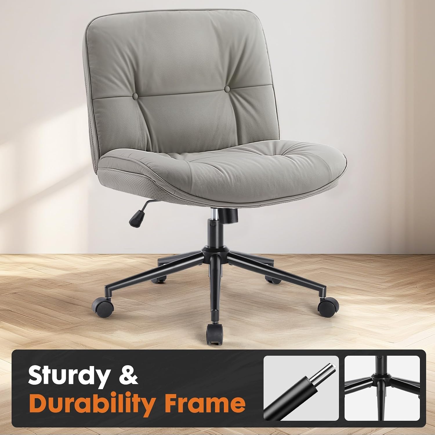 Sweetcrispy Criss Cross Chair with Wheels, Wide Seat PU Leather Armless Office Desk Vanity Chair, Comfortable Adjustable Swivel Computer Task Chairs for Bedroom, Small Space Make Up, Grey