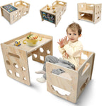 Satisure Montessori Weaning Table and Chair Set, Wooden Toddler Table and Chair Set, 1-3 Age Kids Table and Chairs with Blackboard & 3 Heights Adjustable for Eating & Drawing & Reading