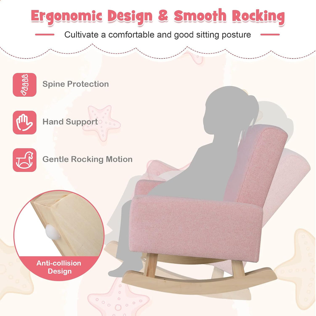 GLACER Toddler Rocking Chair, Fabric Kids Rocker w/Solid Wooden Frame & Non-Slip Mat, Anti-Tipping Design, Comfy Indoor Sofa for Living Room, Playroom, Bedroom (Pink)