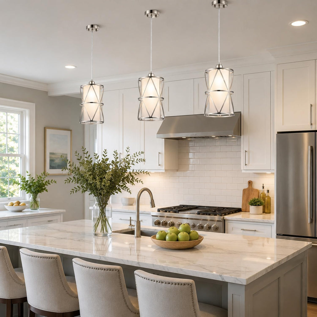 Pendant Lights Kitchen Island with Frosted Glass, Brushed Nickel Hanging Kitchen Lights, Cylindrical Modern Pendant Light, Kitchen Pendant Lighting Over Island, Foyer, Dining Room, Entryway