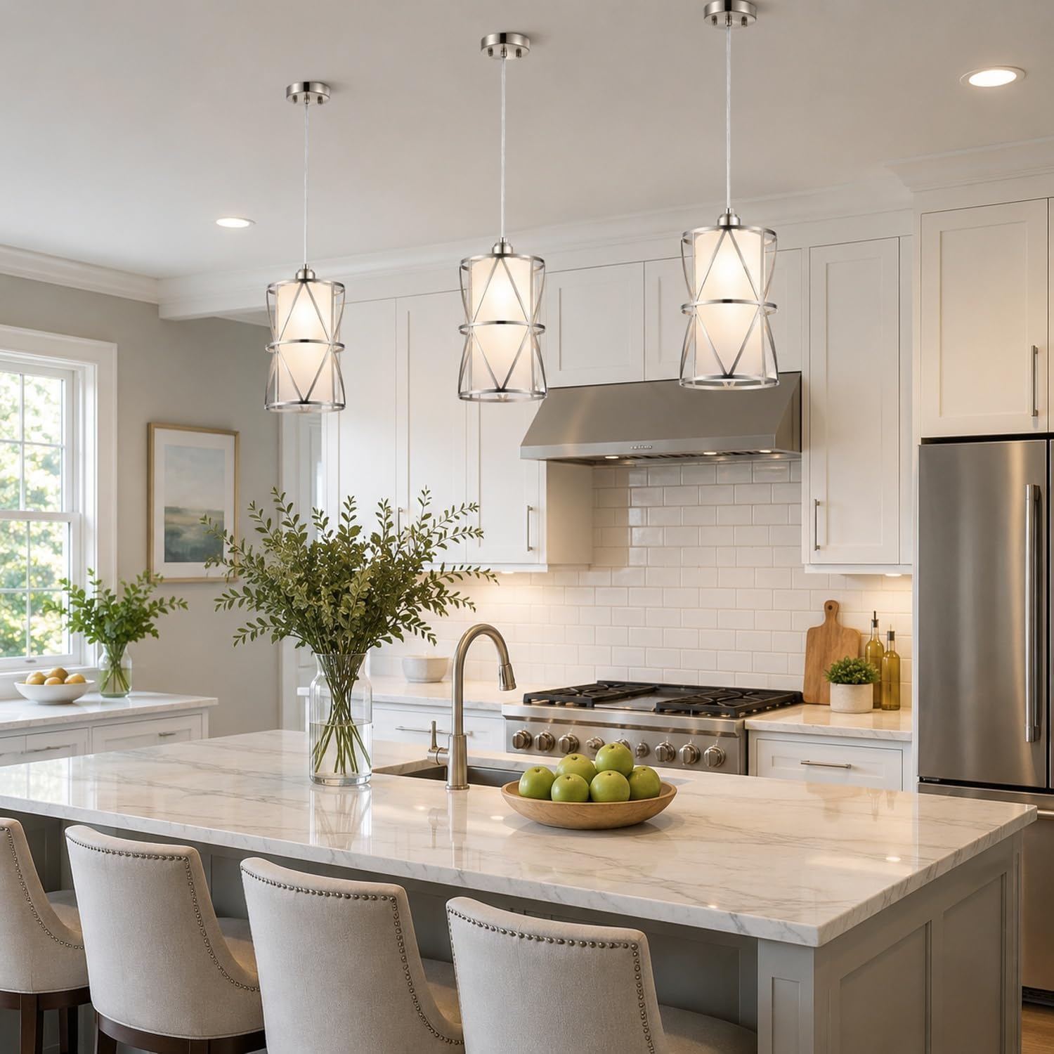 Pendant Lights Kitchen Island with Frosted Glass, Brushed Nickel Hanging Kitchen Lights, Cylindrical Modern Pendant Light, Kitchen Pendant Lighting Over Island, Foyer, Dining Room, Entryway