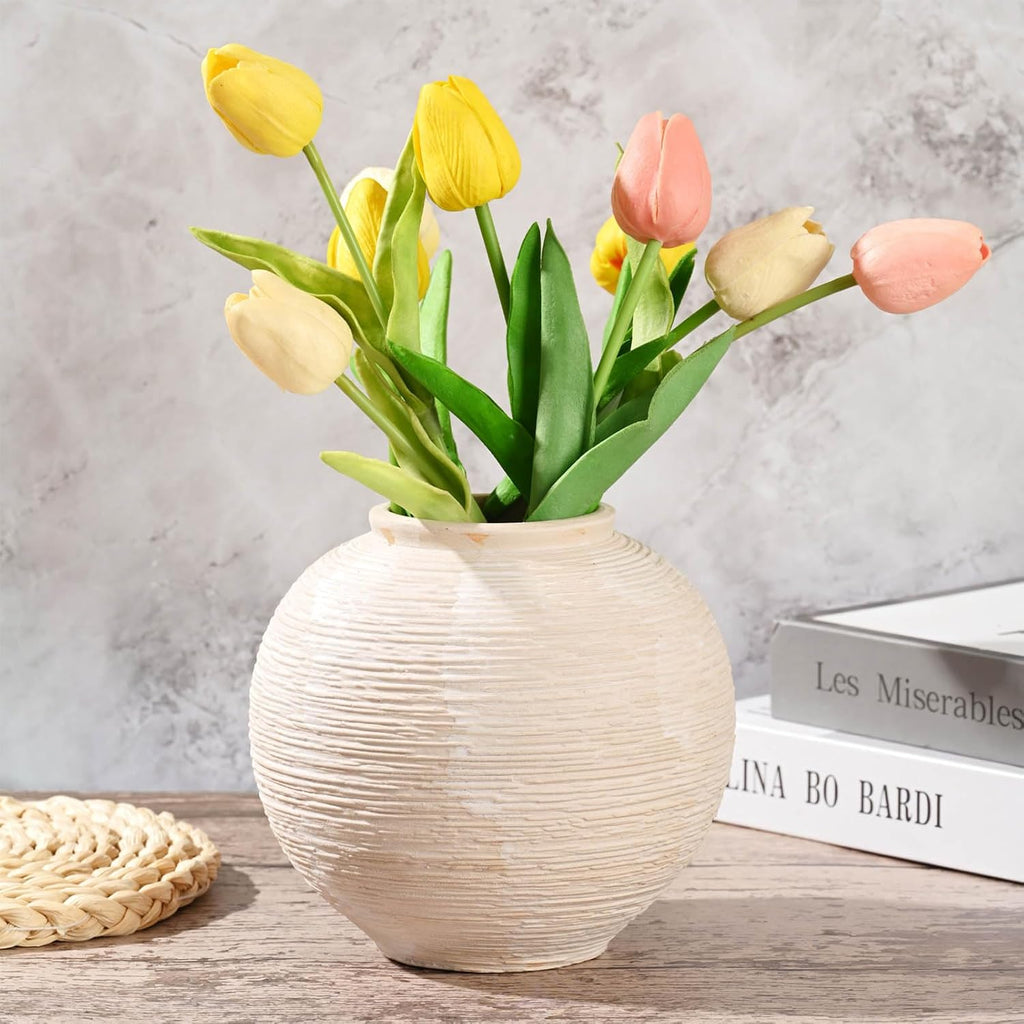 Rustic Farmhouse Vase Home Decor - 6 in Ceramic Boho Decorative Vase for Decor, Round Clay Whitewashed Terracotta Bowl vase for Living Room, Table, Shelf, Centerpieces