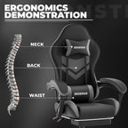 Gaming Chair with Footrest & Lumbar Support, PU Leather High Back Ergonomic Height Adjustable Swivel Office Desk Chair for Adults Gaming, Working, Black Grey