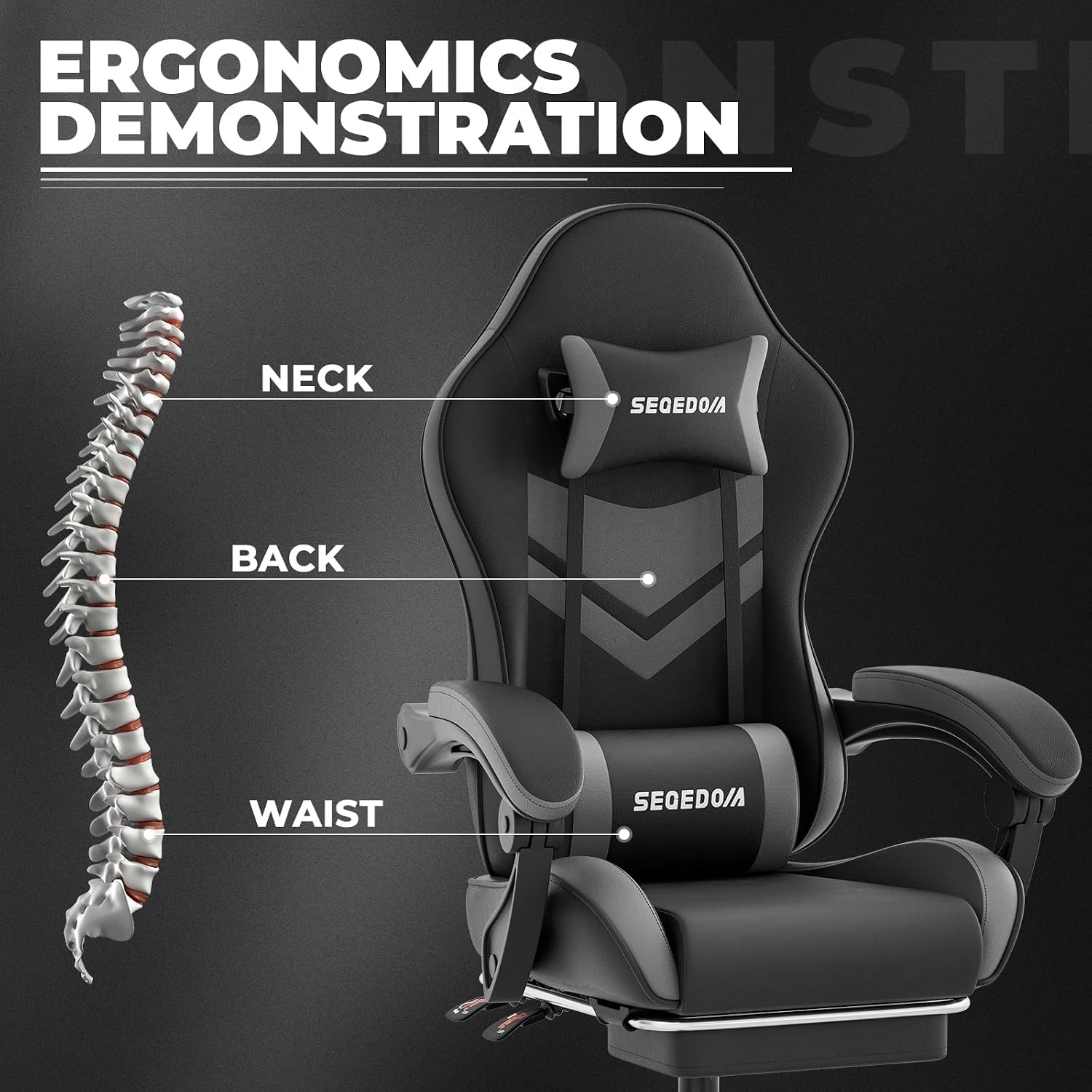 Gaming Chair with Footrest & Lumbar Support, PU Leather High Back Ergonomic Height Adjustable Swivel Office Desk Chair for Adults Gaming, Working, Black Grey