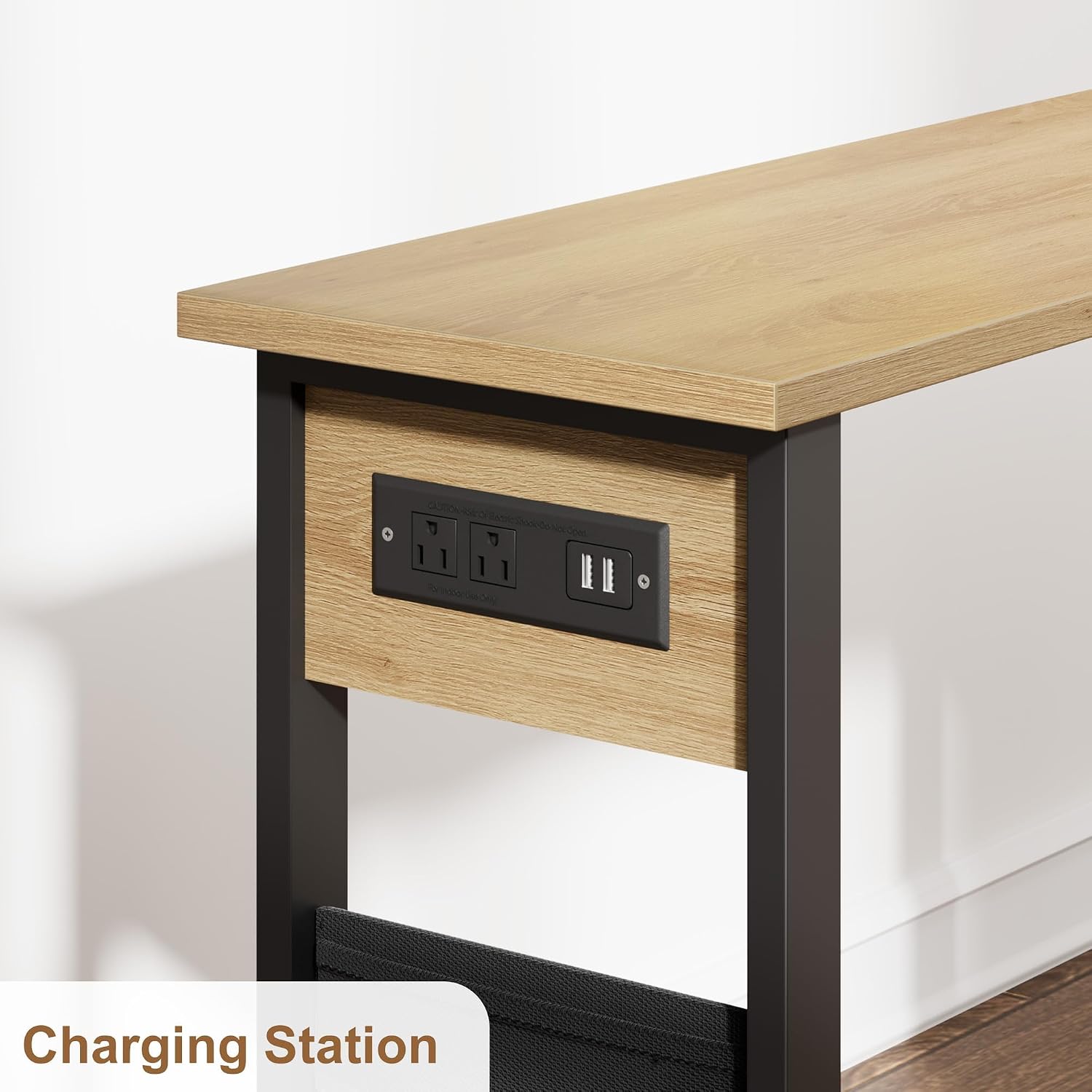 Takywep 360° Rotating Side Table with Storage, End Table with Charging Station, Swivel Coffee Table, Sofa Table with Storage, Rolling Side Table with 6 Lockable Wheels, for Home Office, Wood Color