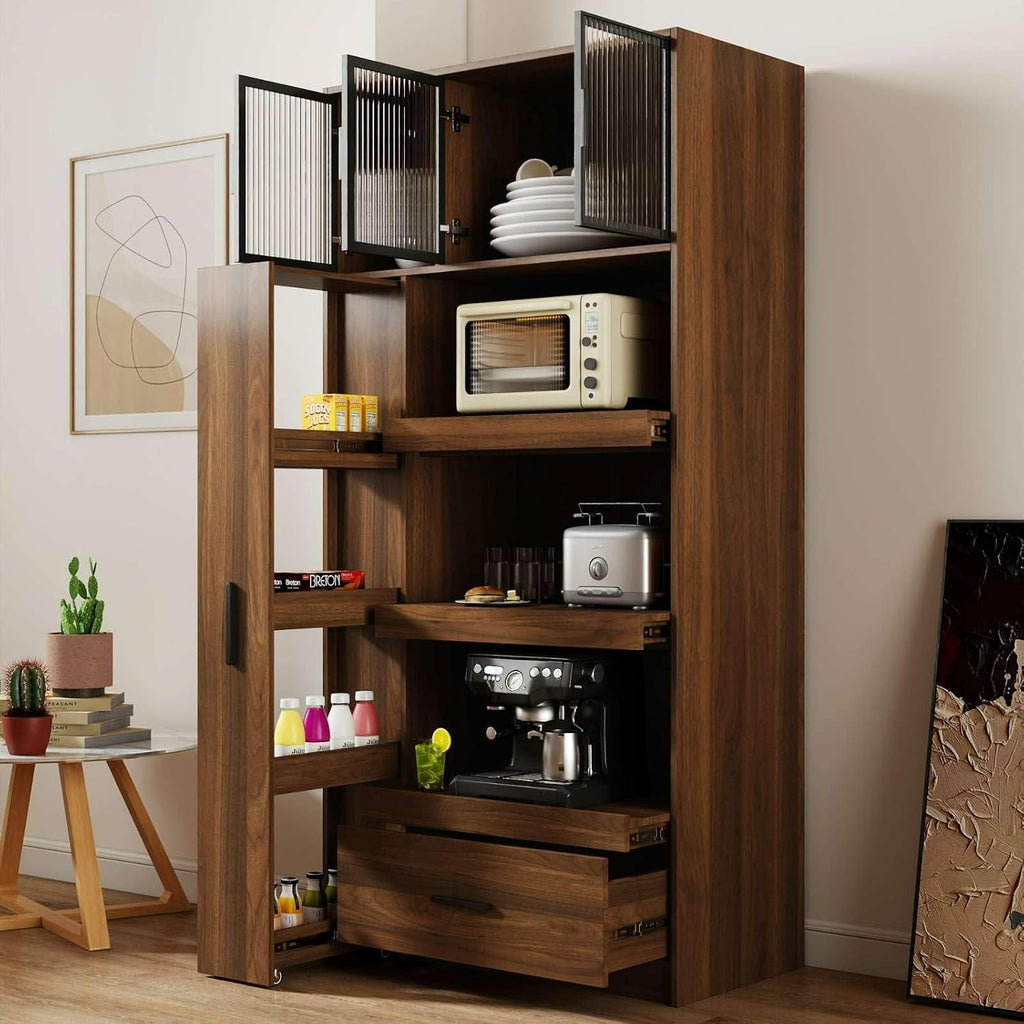 70.87" Kitchen Pantry Cabinet with Multi-Functional Pull-Out Storage Shelves, Glass Door, Drawer, Walnut Wood Cupboard for Kitchen, Dining Room, Microwave Stand, Coffee Bar