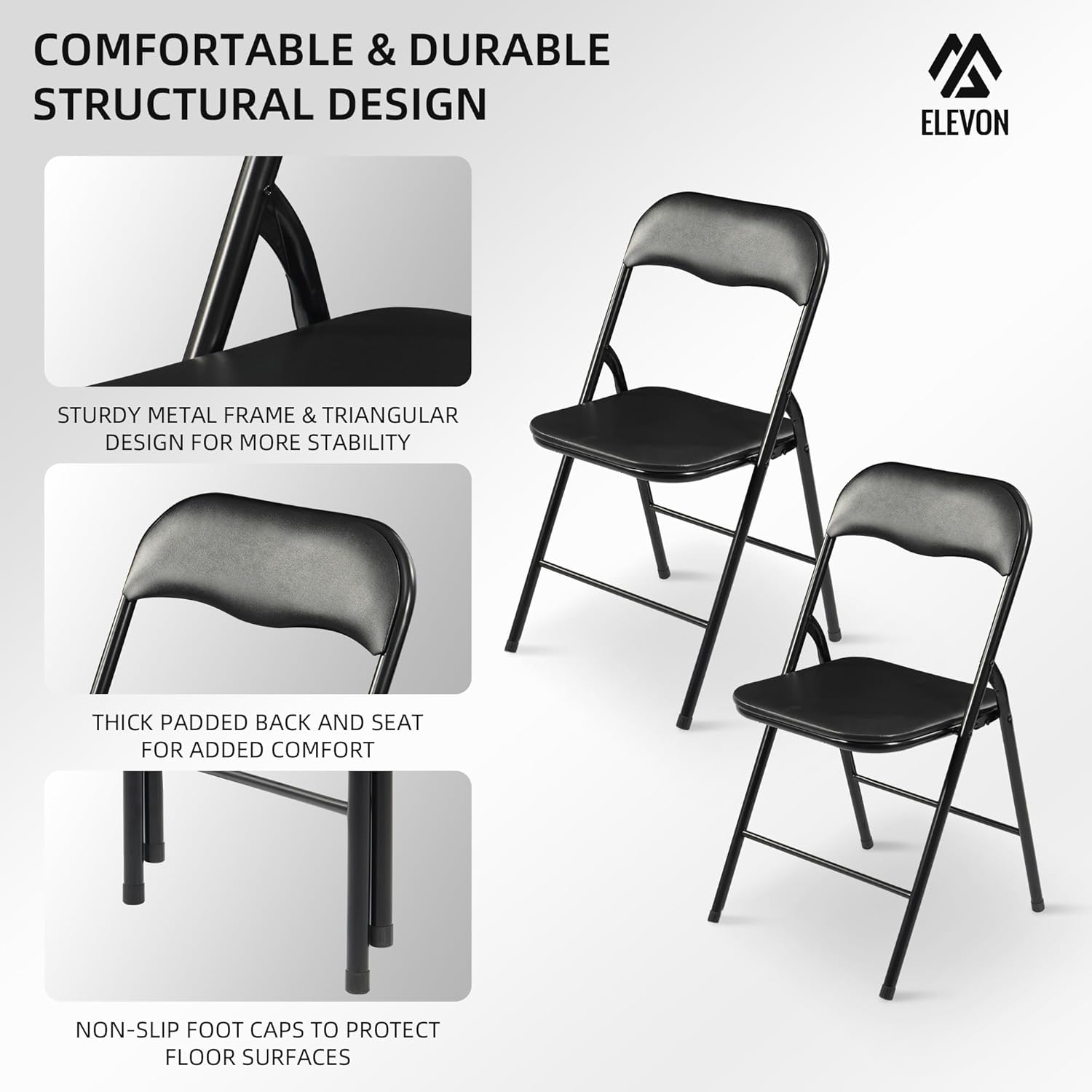 Elevon Folding Chairs 6 Pack, Padded Vinyl Cushion Chairs with Sturdy Metal Frame for for Home and Office, for Indoor and Outdoor Events, 300lb Capacity, Black