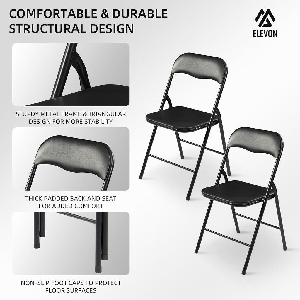 Elevon Folding Chairs 2 Pack, Padded Vinyl Cushion Chairs with Sturdy Metal Frame for for Home and Office, for Indoor and Outdoor Events, 300lb Capacity, Black
