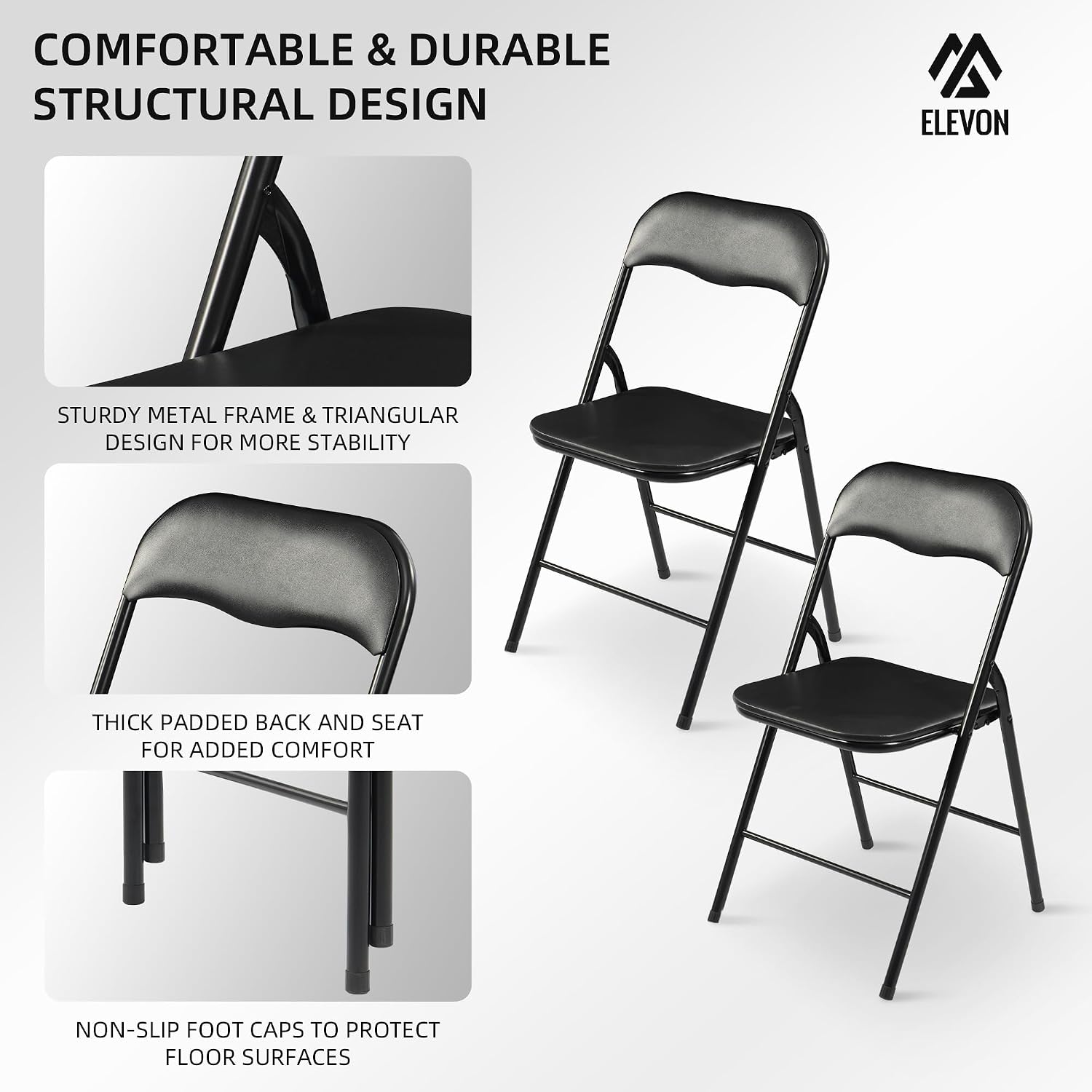 Elevon Folding Chairs 2 Pack, Padded Vinyl Cushion Chairs with Sturdy Metal Frame for for Home and Office, for Indoor and Outdoor Events, 300lb Capacity, Black