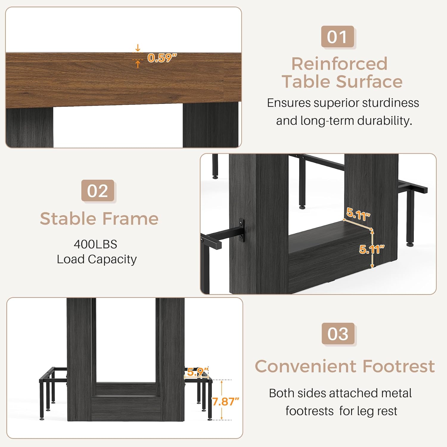 Miereirl 62.99 Inch Counter Height Table，Bar Counter Height Dining Table，Bar Table with Metal Footrest ，for Kitchen, Living Room, Bar， Seats 4-6 People, Brown&Black
