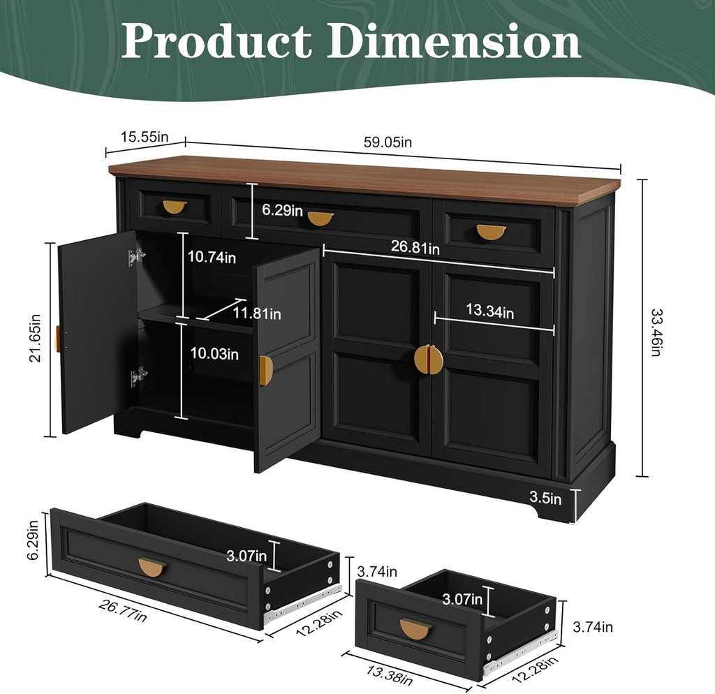 HLR 60” Large Buffet Sideboard Cabinet with 4 Doors and 3 Drawers Shaker Style, Coffee Bar Storage Cabinet for Dinning Room, Kitchen, Living Room, Black