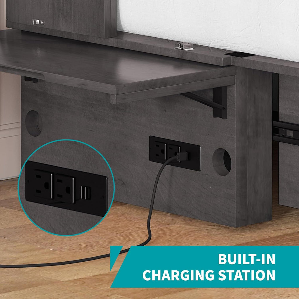BALUS Queen Murphy Bed with Tri-fold Mattress, USB Charging Station, Murphy Cabinet Bed with Storage Drawer, Space-Saving Hidden Cabinet Chest Beds for Guest Room Living Room, Dark Grey