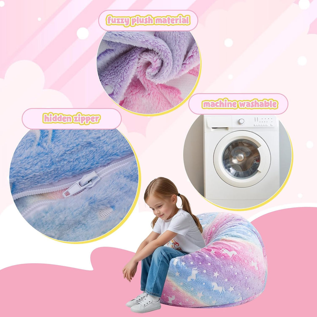 COMAX Bean Bag Chair for Kids, Toddler Beanbag Bed Unicorn, Convertible Children Bean Chair to Floor Mattress with Filler, Stuffed Child Bean Bags for Girl Boy Sleeping, Colorful Rainbow