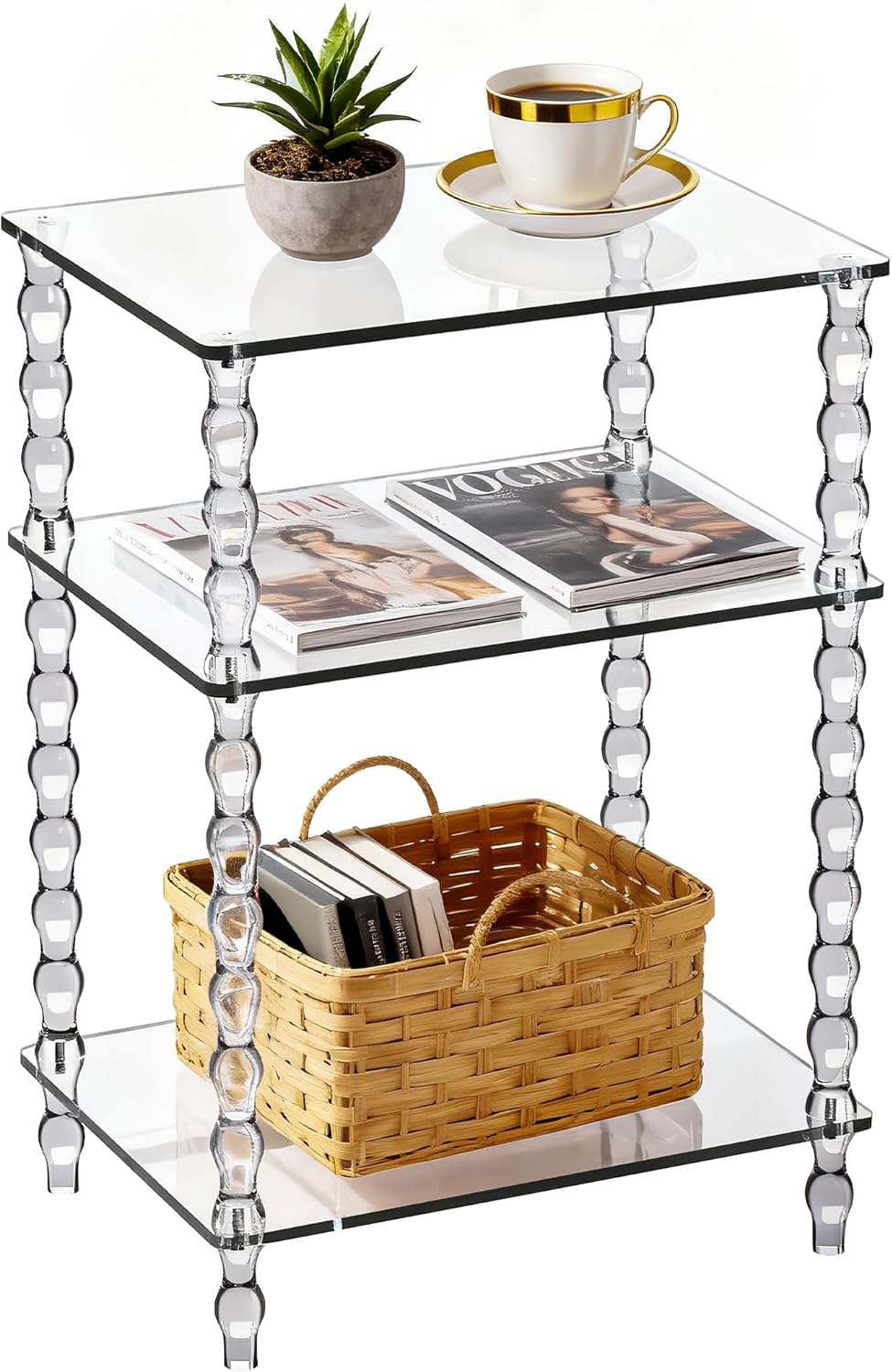 Acrylic Side Table Clear 3-Tier End Table for Living Room, Office, Hallway, Bedroom,Bathroom (Clear, Nomal)