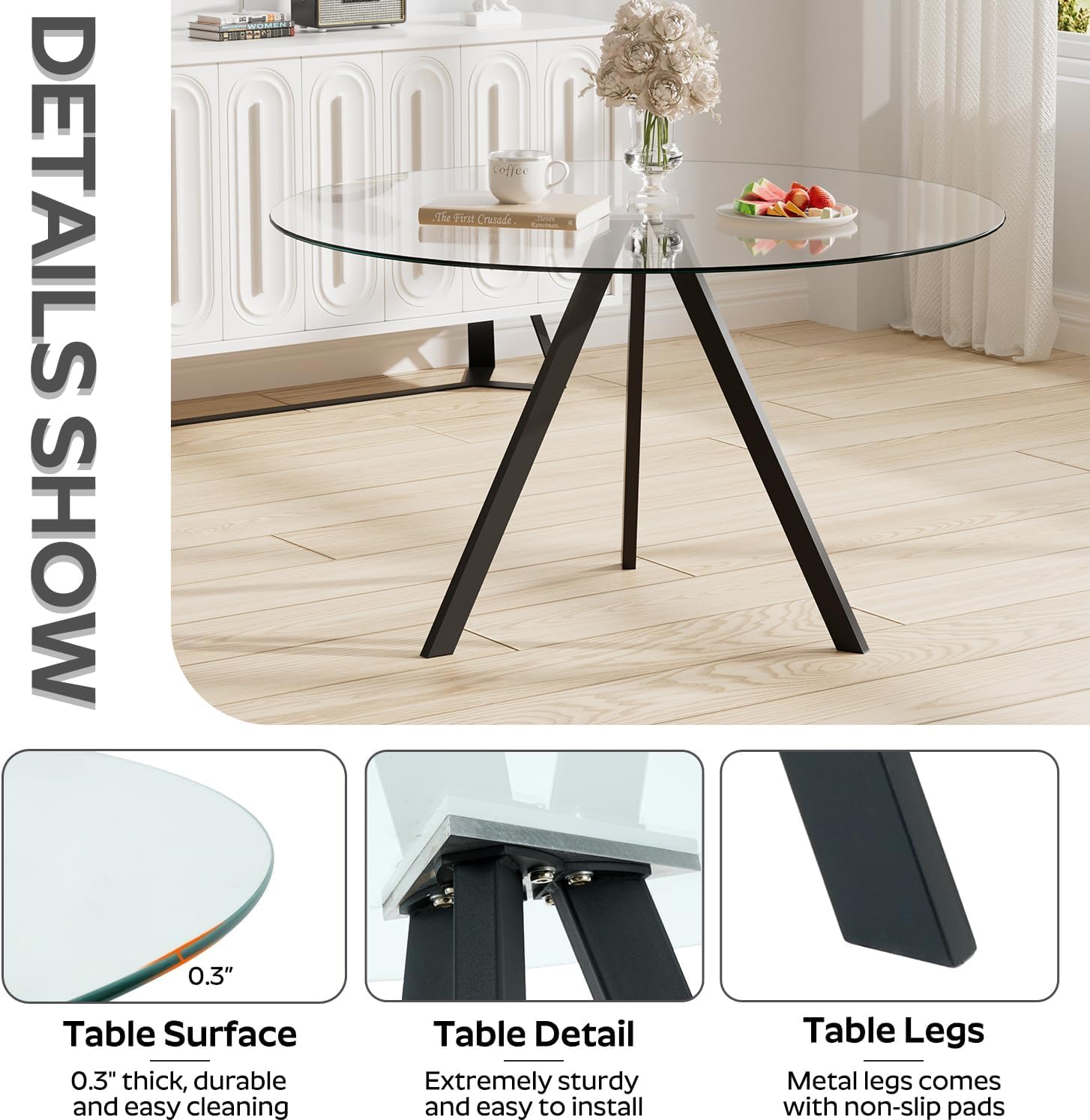 Round Dining Table for 4, 47" Modern Glass Dining Table, Leisure Coffee Table, Kitchen Circle Dinner Table, Saving Space(Black)