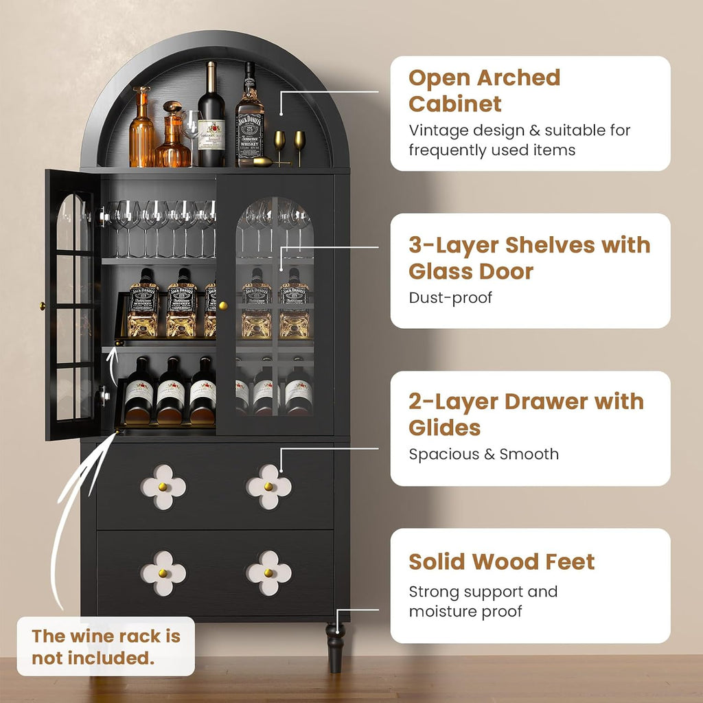 71" Tall Arched Pantry Cabinet, Modern Farmhouse Storage with Glass Doors, 2 Large Drawers, Anti-Tipping Device, Versatile for Kitchen Dining Room Bathroom, 71"x30"x16" (Black)