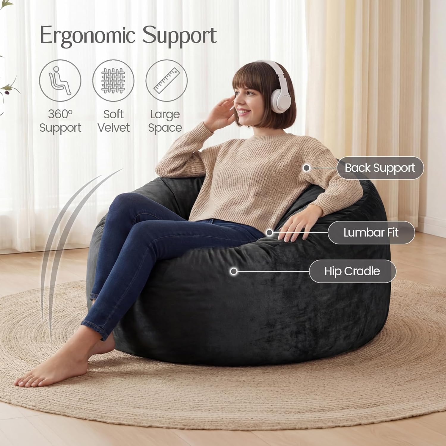 5FT Bean Bag Chair for Adults, Gaint Bean Bag with Filling, Memory Foam Bean Bags with Ultra Soft Washable Dutch Velvet Cover, Beanbag for Living Room, Bedroom and Gaming Room -5 Foot, Black