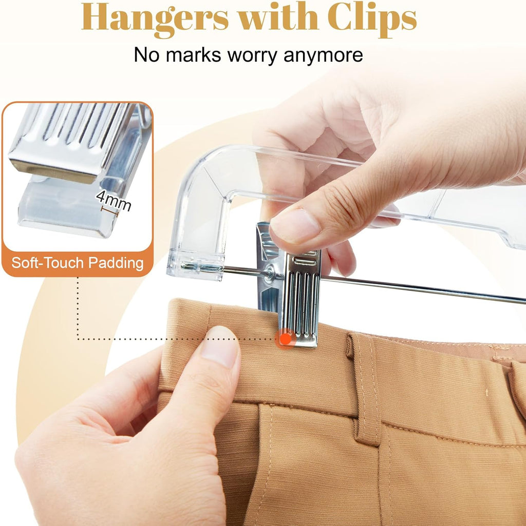 HOUSE DAY 200 Pack Pants Hangers with Adjustable Clips and 360° Swivel Hook, Non-Slip Clear Plastic Skirt Hangers for Pants, Jeans, Skirts, Trousers, Bulk Hangers for Closet Organization
