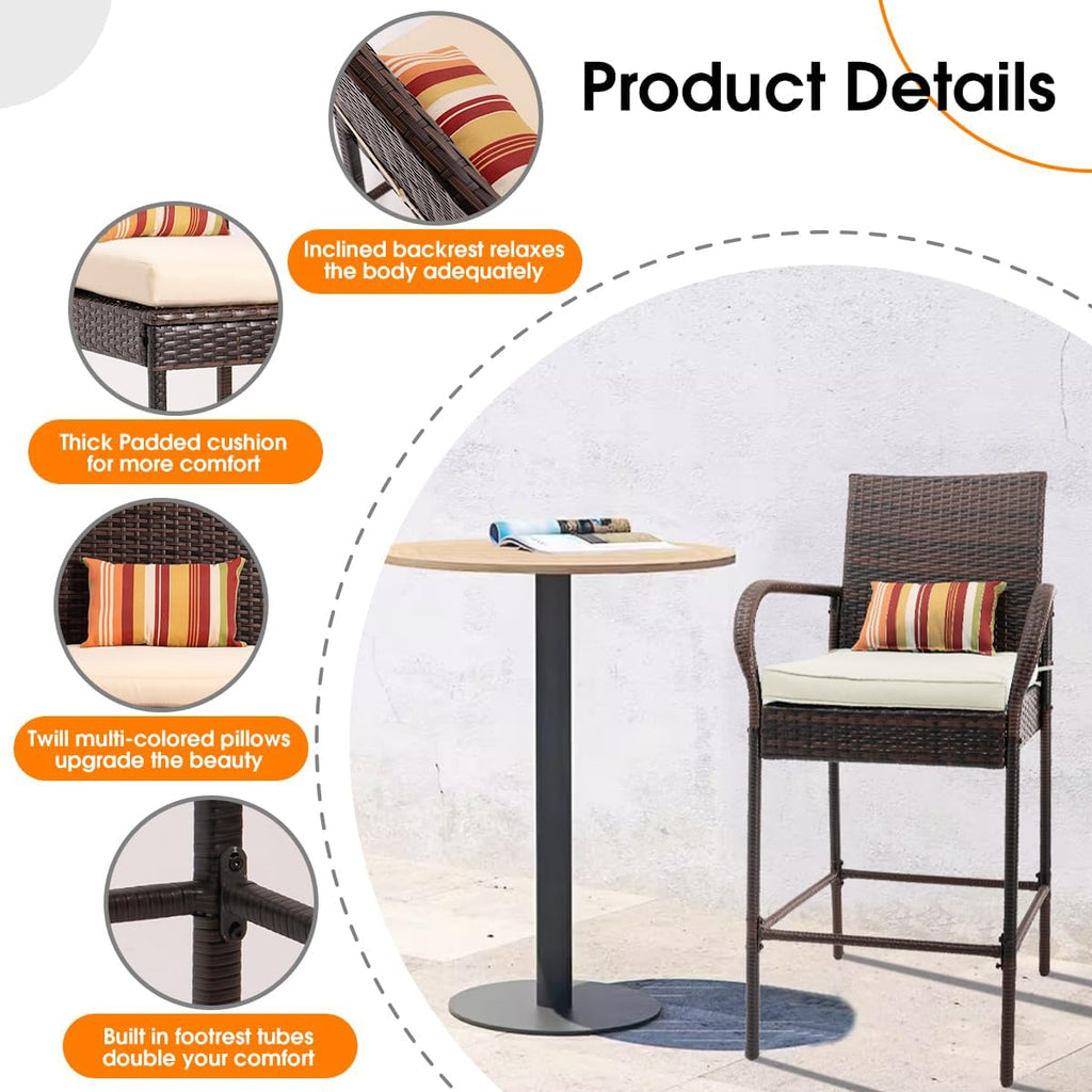 Sundale Outdoor Wicker Bar Stool Set of 6, Patio Counter Height Pub Chair with Arms, High Top Rattan Barstool, Cushion Beige, All-Weather Outdoor Rattan Furniture (Brown&Beige, Small Seat - 6 Stools)