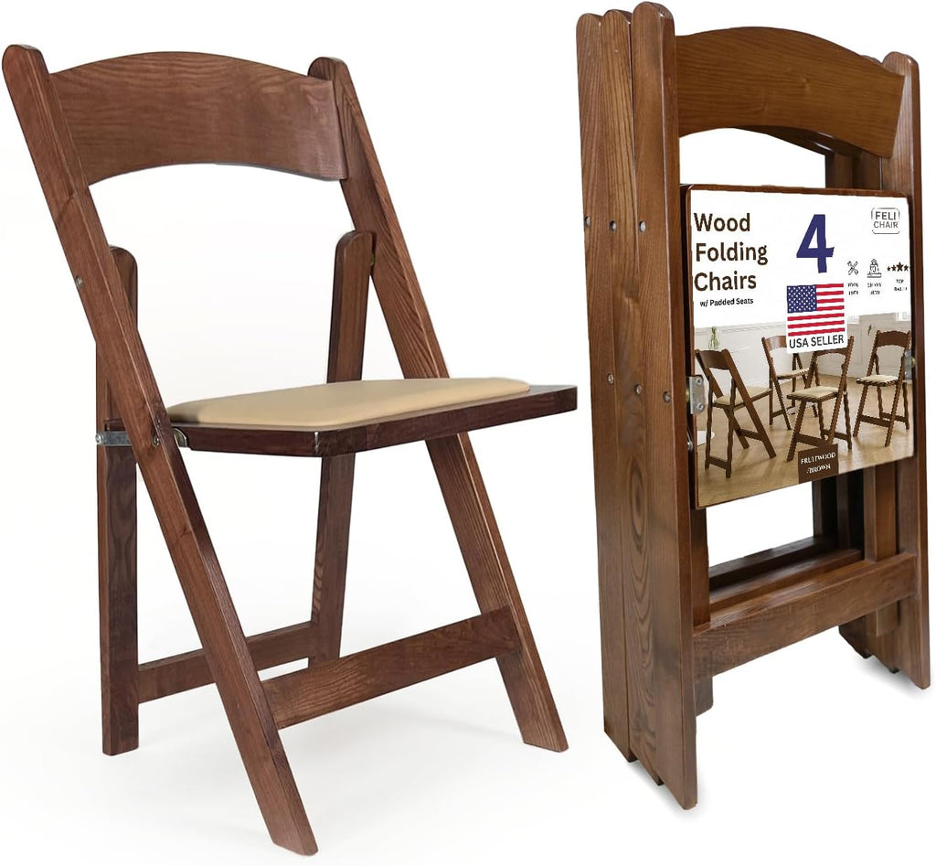 Wooden Folding Chairs with Cushion, Stackable Commercial Seats, Chairs for Weddings, Banquets, and Events, Set of 4, Classic Fruitwood