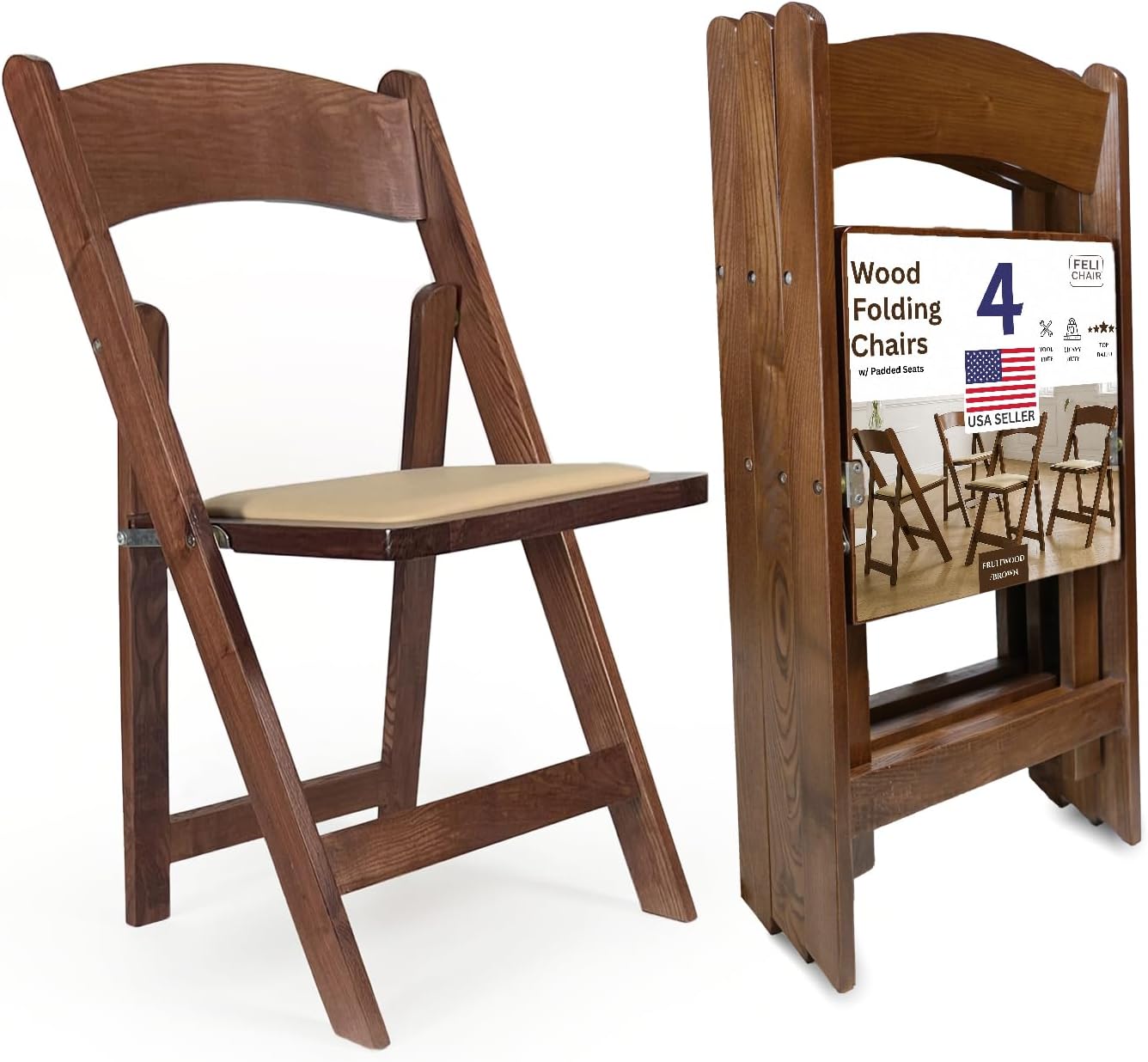 Wooden Folding Chairs with Cushion, Stackable Commercial Seats, Chairs for Weddings, Banquets, and Events, Set of 4, Classic Fruitwood
