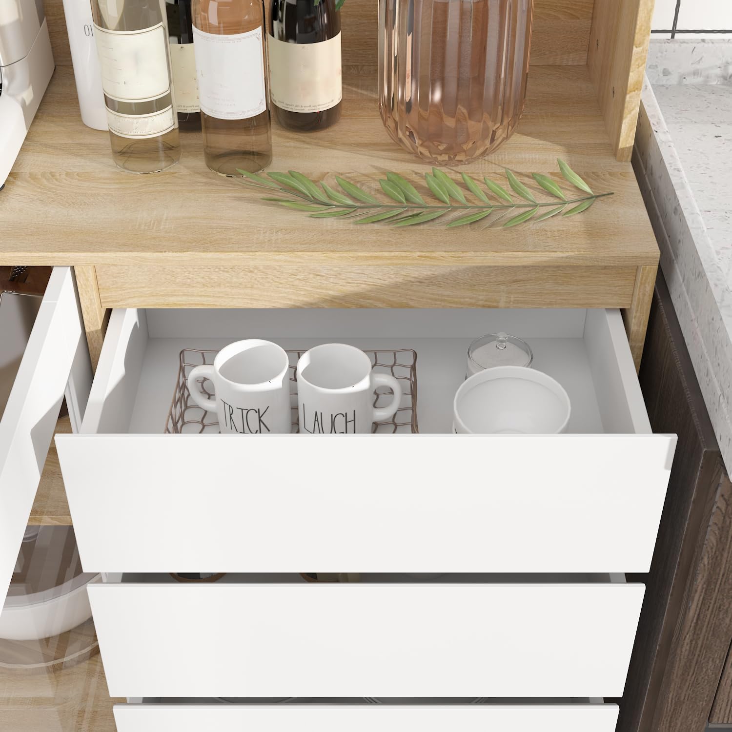 74.8" H Kitchen Pantry with Hutch, Microwave Stand & Hooks, Modern Large Cupboard Storage Cabinet with Glass Doors, 6 Shelves & 4 Drawers for Kitchen Dining Room, White & Brown