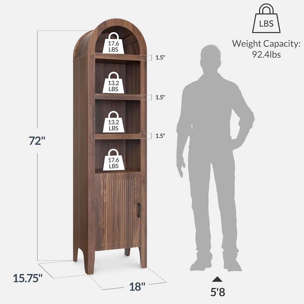 Best Choice Products 72" Tall Narrow Arched Pantry Cabinet w/Reeded Door, 4-Tier Bookshelf, Armoire, Hutch, Bookcase, Storage Cabinet w/Adjustable Shelves, for Dining Room and Livingroom - Walnut