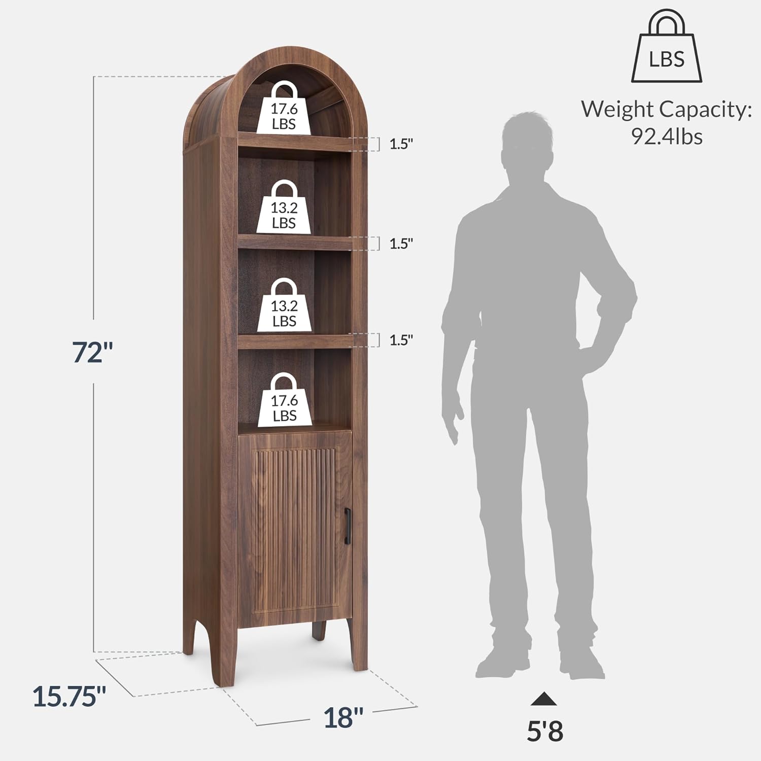 Best Choice Products 72" Tall Narrow Arched Pantry Cabinet w/Reeded Door, 4-Tier Bookshelf, Armoire, Hutch, Bookcase, Storage Cabinet w/Adjustable Shelves, for Dining Room and Livingroom - Walnut