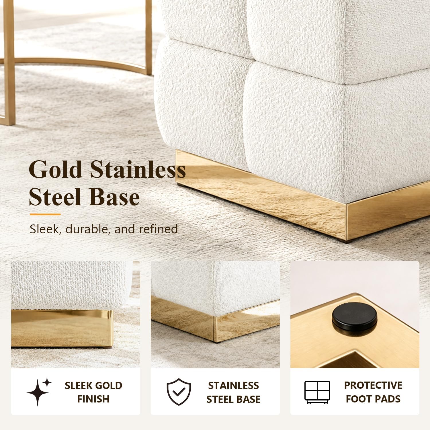 Boucle Storage Ottoman Stool, Modern Vanity Stool with Biscuit Tufting and Gold Stainless Steel Base, Square Ottoman Foot Stool for Living Room, Bedroom, Entryway, White