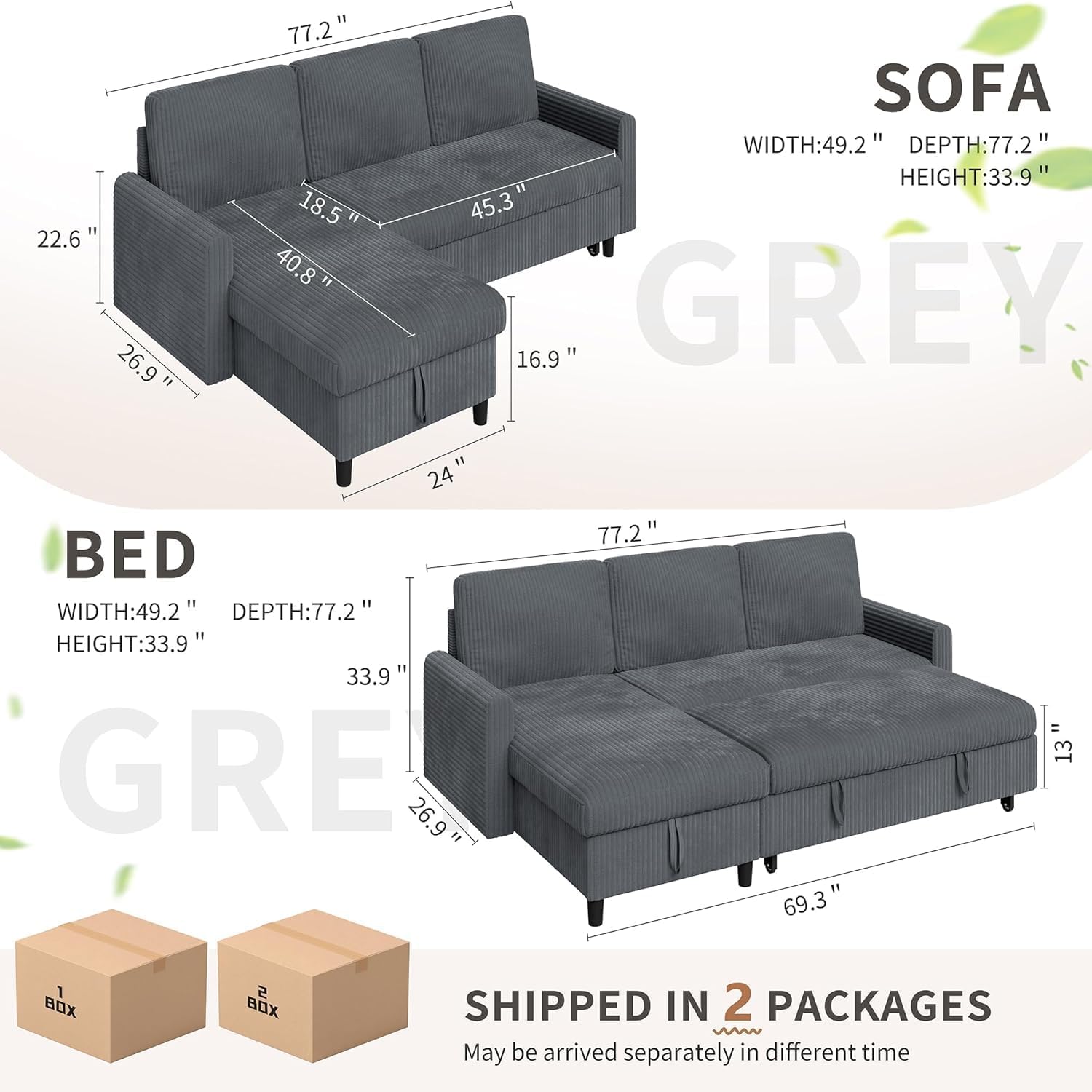 Walsunny 77" Sectional Sleeper Sofa with Pull Out Bed, Modern L-Shaped Corduroy Convertible Couch with Storage Chaise, Reversible Sofa Bed for Small Spaces, Apartment, Office, Dark Grey
