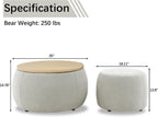 2-Piece Set Round Chenille Storage Ottoman, Equipped with a Drum Shaped Small Stool, Storage Space, and MDF Made Desktop Panel (Light Grey, 25"x25"x14.7")