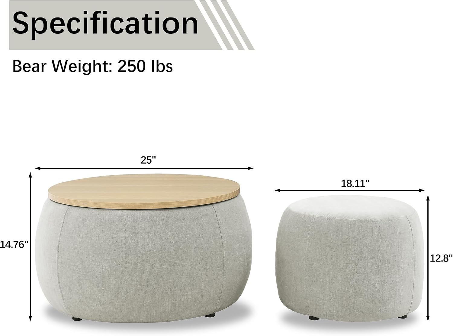 2-Piece Set Round Chenille Storage Ottoman, Equipped with a Drum Shaped Small Stool, Storage Space, and MDF Made Desktop Panel (Light Grey, 25"x25"x14.7")