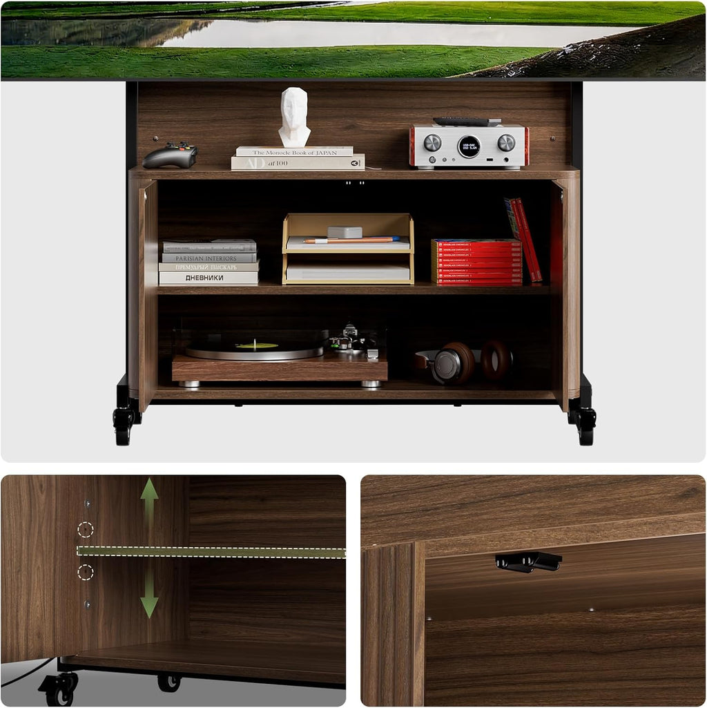 Planimetry Rolling TV Stand with Mount for 32-75 Inch TVs, Height Adjustable Mobile TV Stand with Lockable Wheels, Fluted Cabinet Entertainment Center with Power Outlet & Storage, Walnut