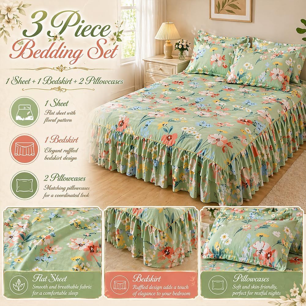3-Piece Ruffled Bed Skirt Set with Floral Print，Floral Ruffled Bed Skirt 3-Piece Set,Elegant Soft Ruffle Skirt Bedspread with 1 Bed Skirt and 2 Pillowcases for Bedroom (＃4, 78 * 80in)
