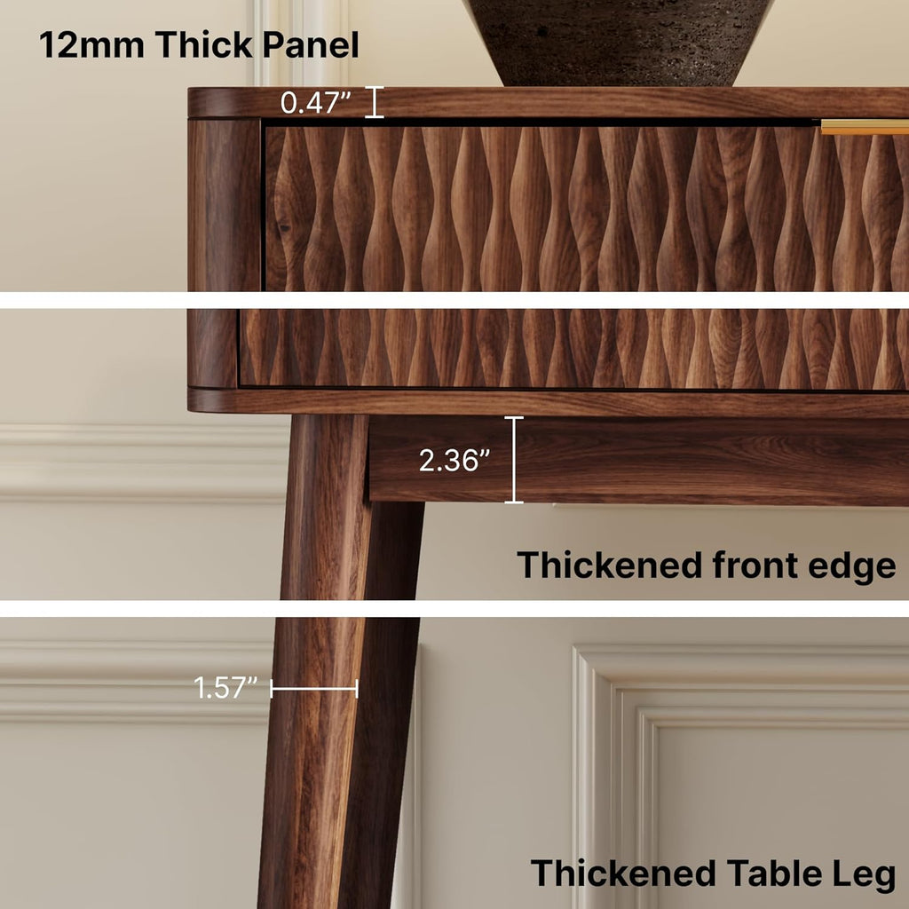 Console Table with Solid Wood Leg,Fluted Entryway Table with Storage Drawers, Mid-Century Modern Narrow Console Table for Living Room,Hallway,Walnut