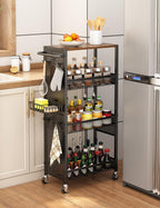 Slim Storage Rolling Cart: 4-Tier Narrow Metal & Wood Utility Cart with Wheels for Kitchen/Laundry/Bathroom(Black)