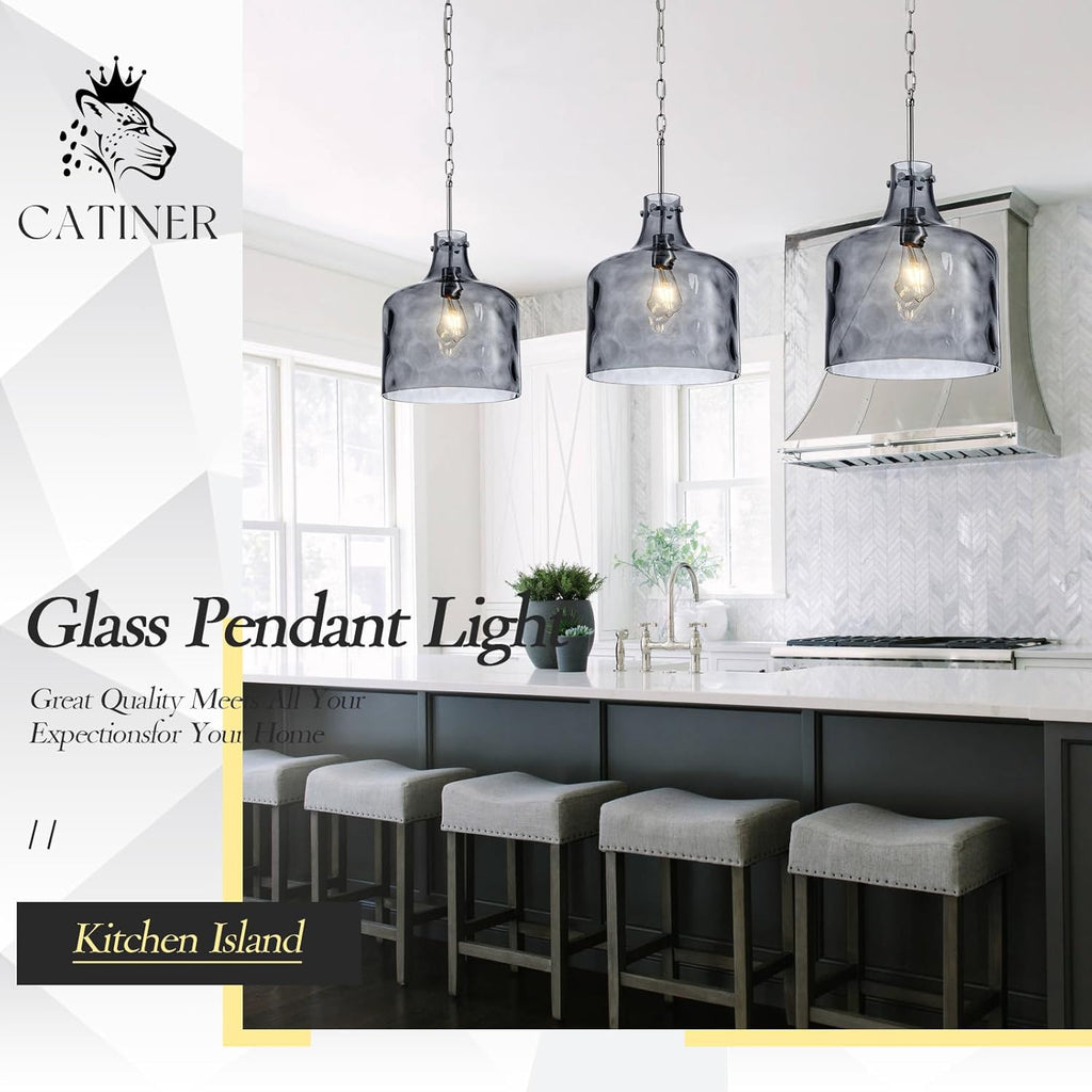 CATINER 16" Extra Large Farmhouse Pendant Light – Hand-Blown Smoked Gray Hammered Glass Shade, Polished Chrome Finish, Adjustable Chain Hanging Light Fixture for Kitchen Island, Dining Room, Hallway