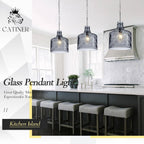 CATINER 16" Extra Large Farmhouse Pendant Light – Hand-Blown Smoked Gray Hammered Glass Shade, Polished Chrome Finish, Adjustable Chain Hanging Light Fixture for Kitchen Island, Dining Room, Hallway