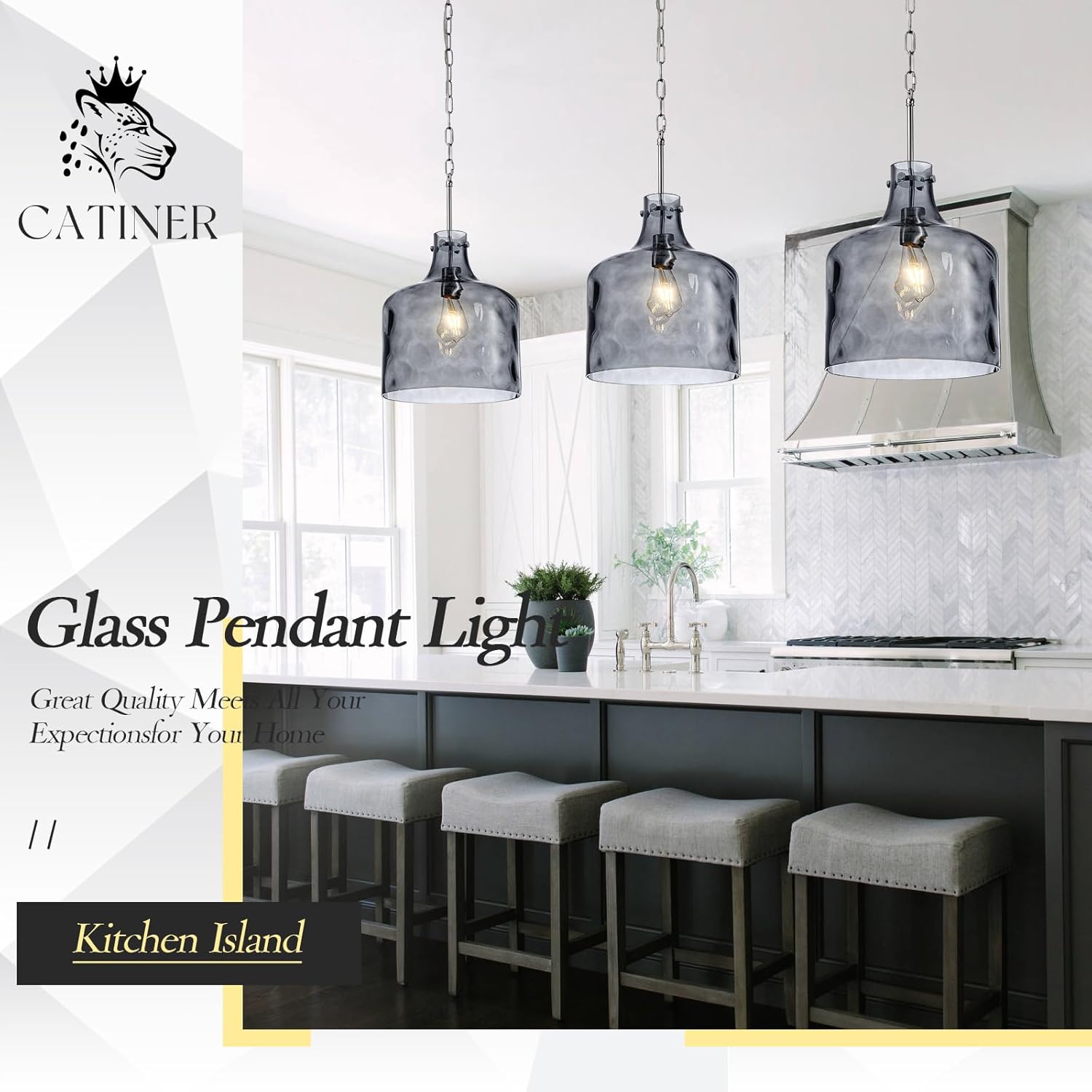 CATINER 16" Extra Large Farmhouse Pendant Light – Hand-Blown Smoked Gray Hammered Glass Shade, Polished Chrome Finish, Adjustable Chain Hanging Light Fixture for Kitchen Island, Dining Room, Hallway