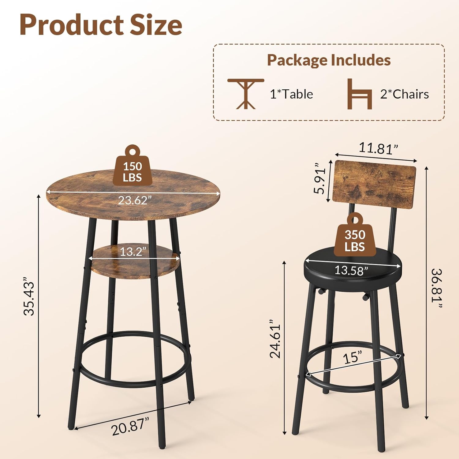 Zevemomo 3 Pieces Round Bar Table Set, Small Dining Table for 2, Modern Kitchen Bar Table, Breakfast Table with Storage, 2 Thickened Cushion Stools with Backrest for Dining Room, Bistro-Brown